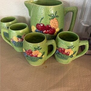 Green Fruit Basket Ceramic Pitcher and Mug Set for 4